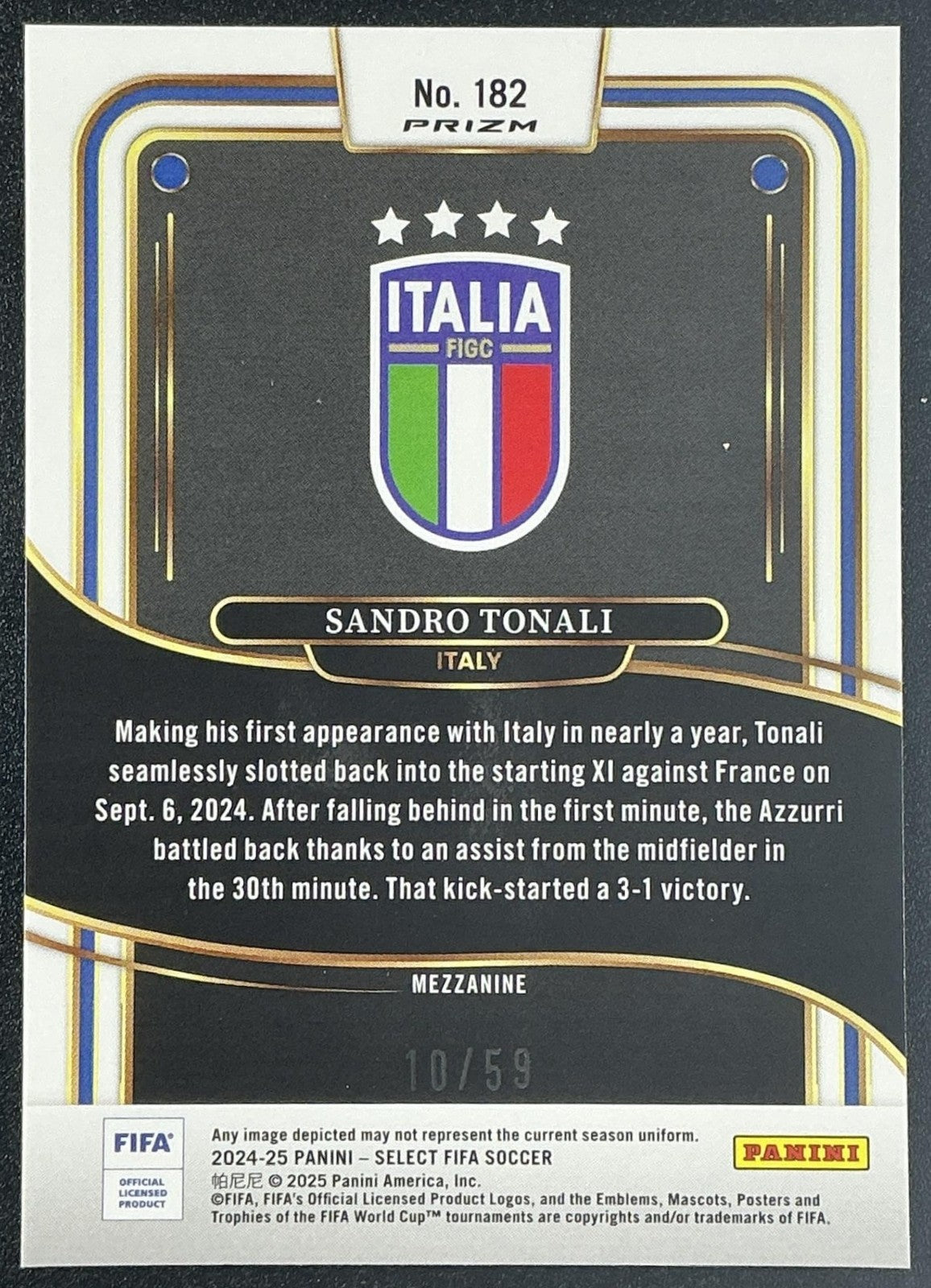 SANDRO TONALI 2024-25 PANINI SELECT FIFA #182 MEZZANINE PINK 10/59 ITALY