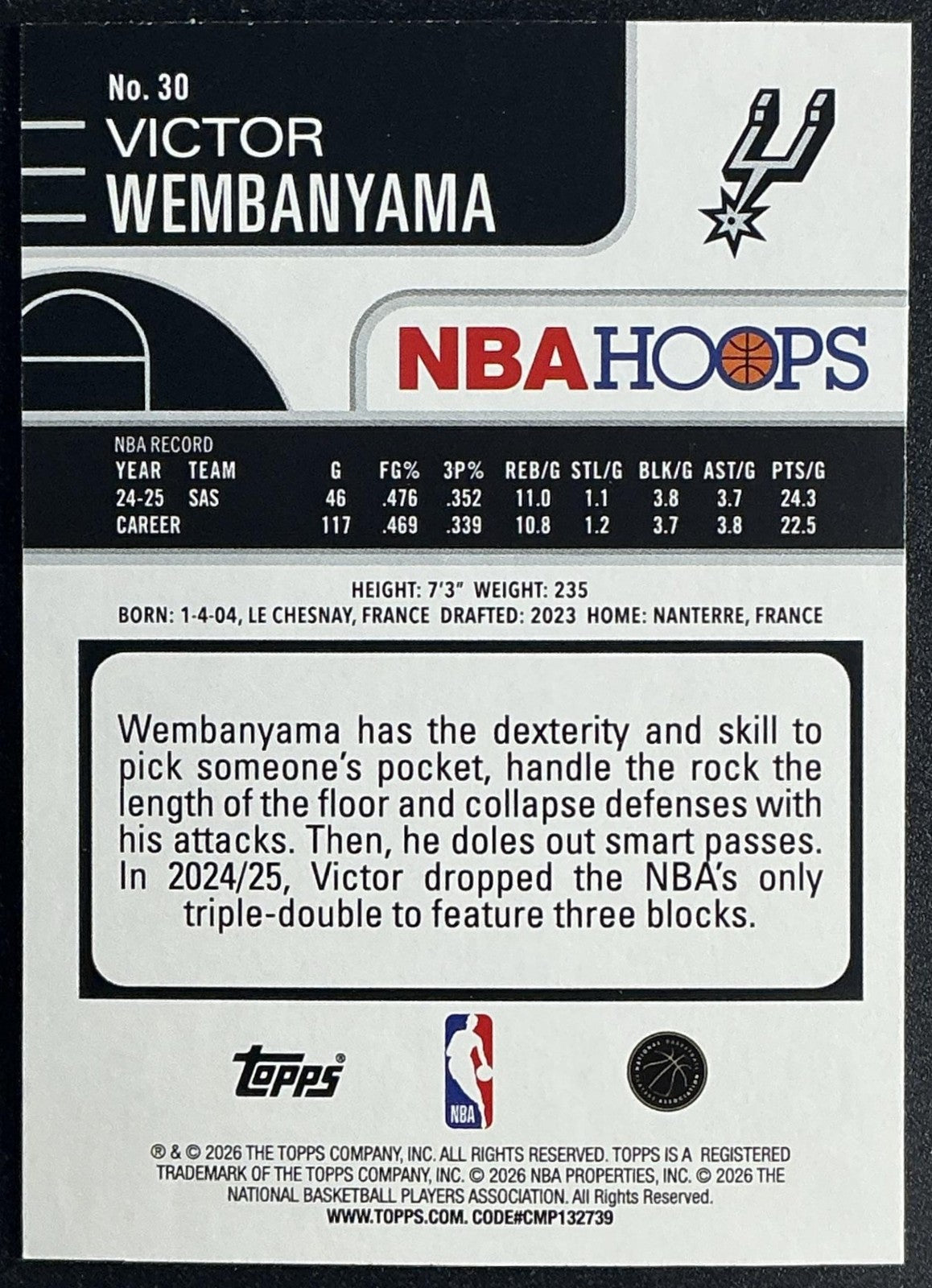 VICTOR WEMBANYAMA 2025-26 TOPPS HOOPS #30 RAINBOW FOIL SPURS
