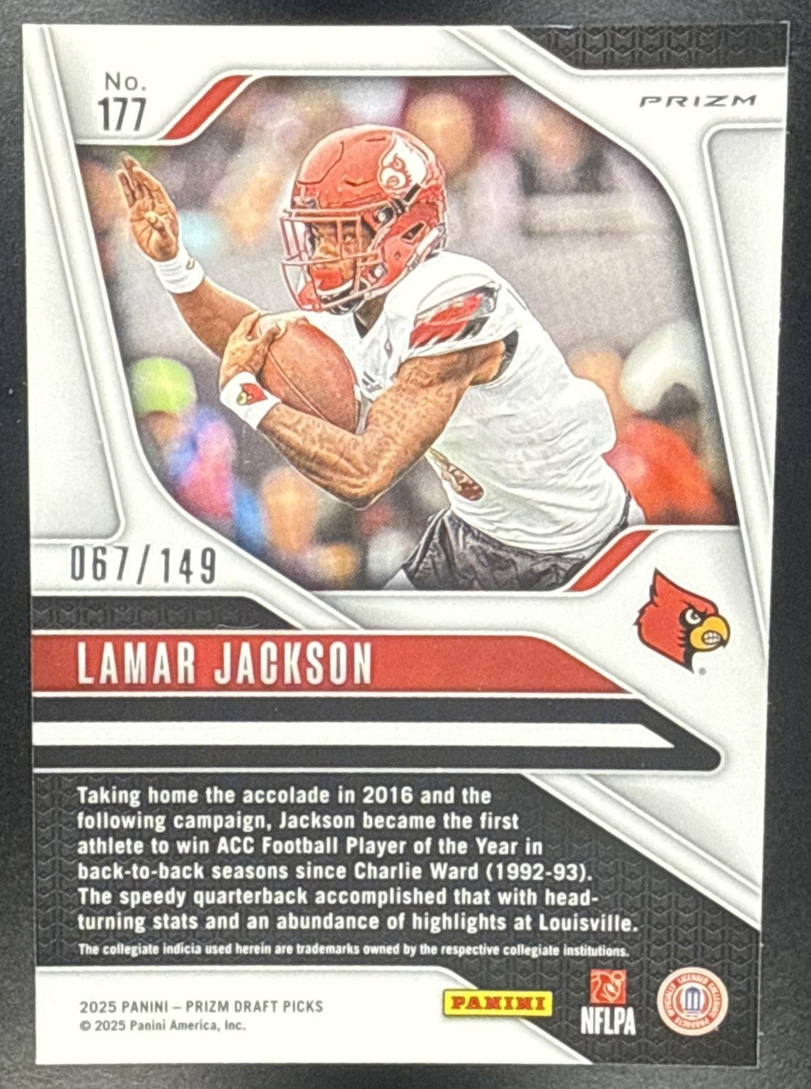 LAMAR JACKSON 2025 PANINI PRIZM DRAFT PICKS #177 BLUE ICE 67/149 CARDINALS