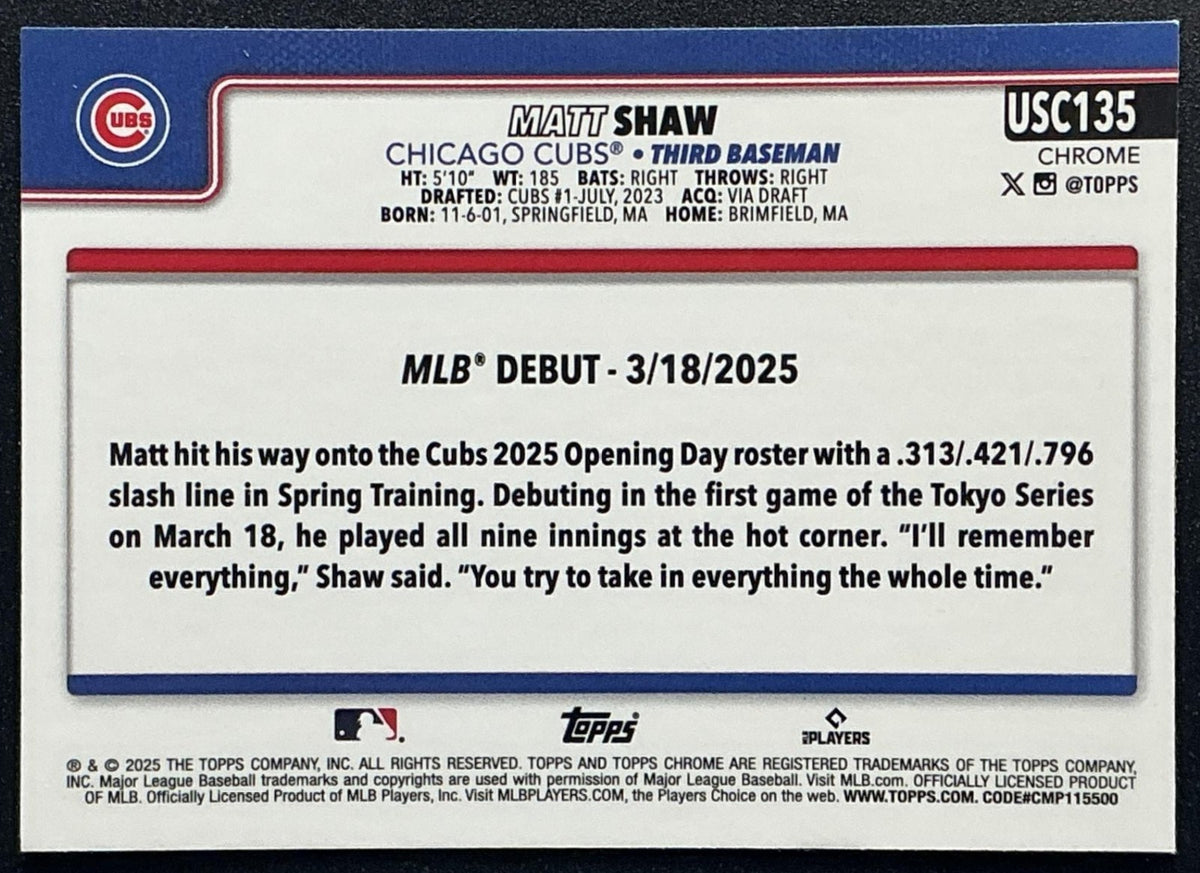 MATT SHAW 2025 TOPPS CHROME UPDATE #USC135 GEOMETRIC REFRACTOR RC CUBS