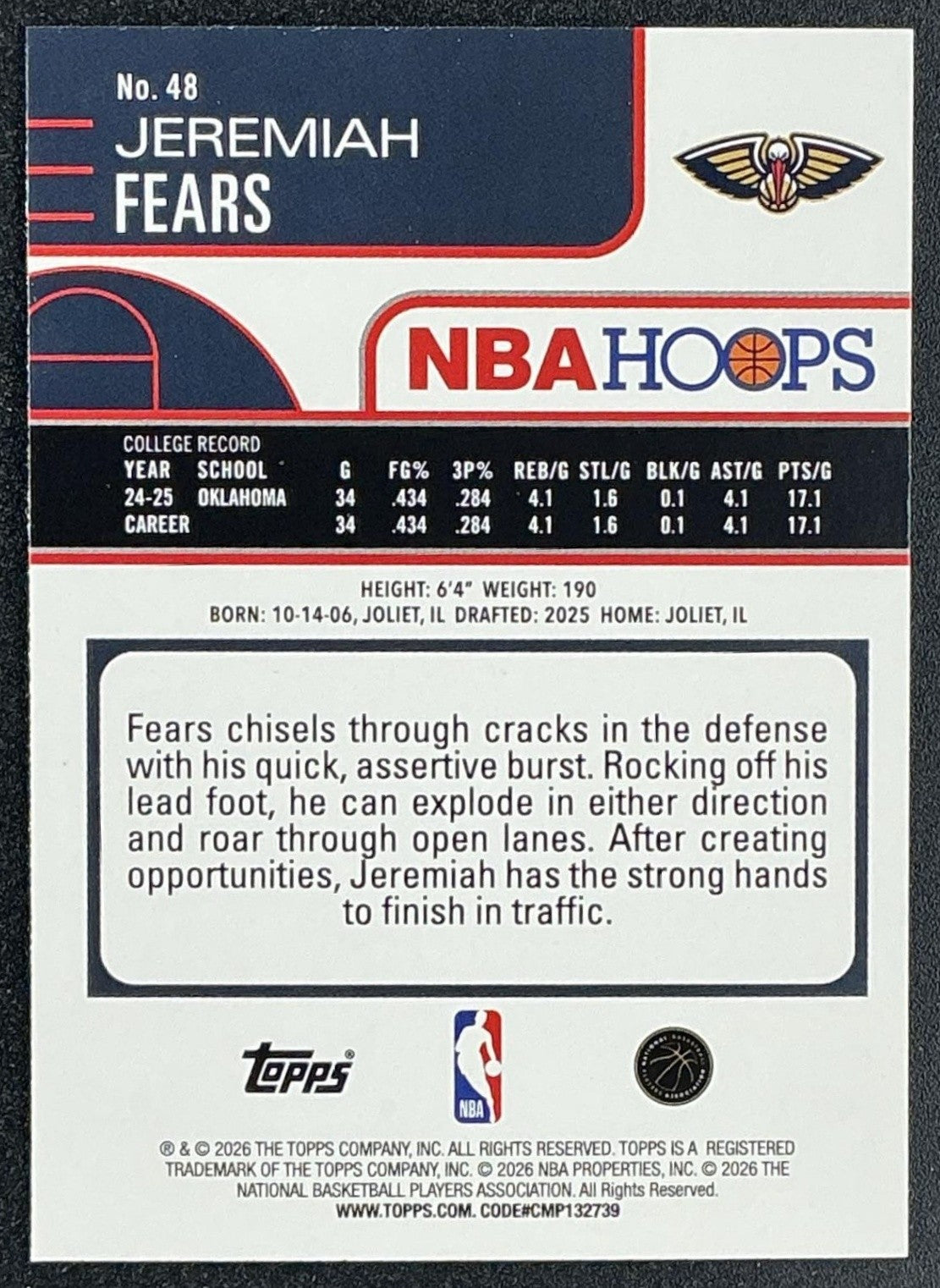 JEREMIAH FEARS 2025-26 TOPPS HOOPS #48 RC PELICANS