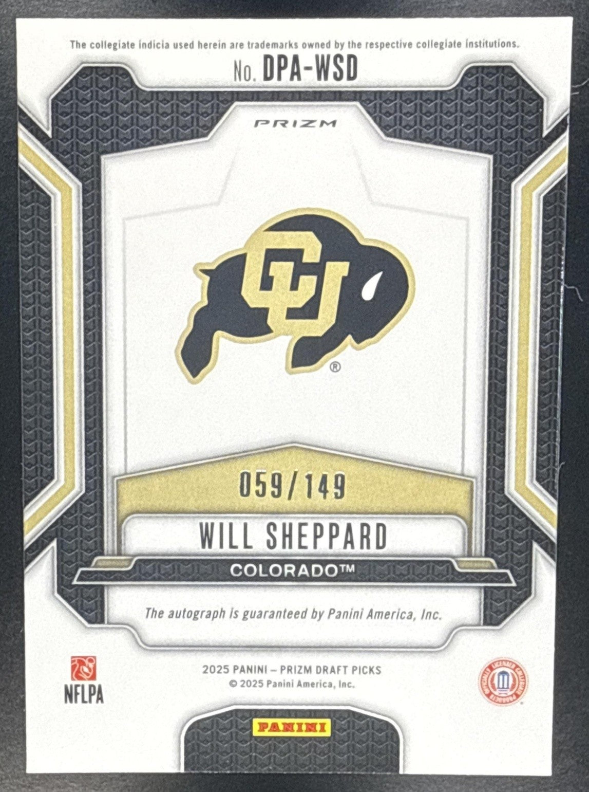 2025 Panini Prizm Draft Picks Will Sheppard #DPA-WSD Auto Blue Ice /149