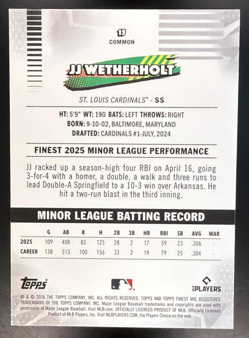 JJ WETHERHOLT 2026 TOPPS FINEST #15 RC CARDINALS