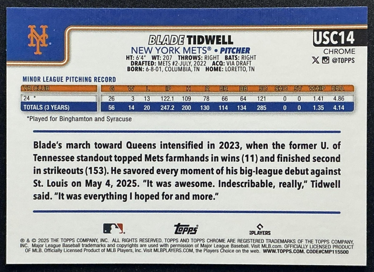 BLADE TIDWELL 2025 TOPPS CHROME UPDATE #USC14 PRISM REFRACTOR RC METS