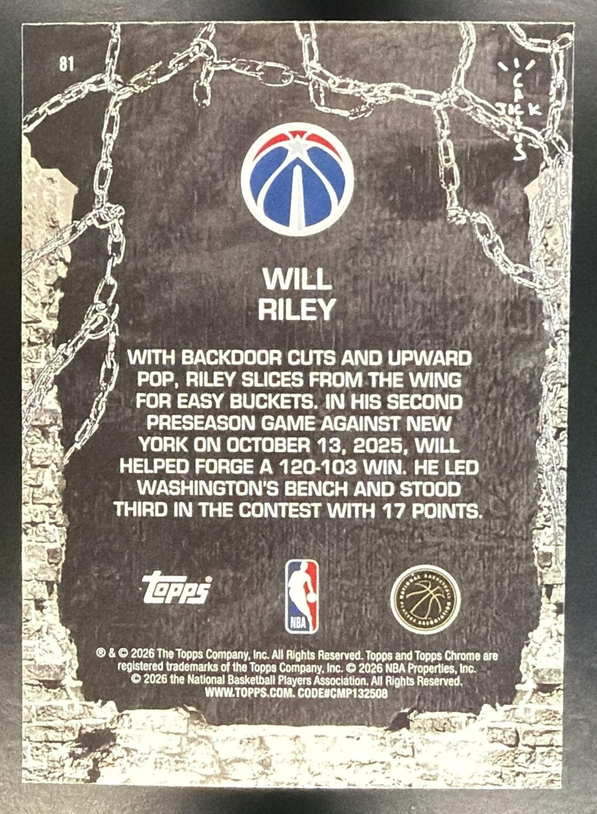 WILL RILEY 2025-26 TOPPS CHROME X CACTUS JACK #81 RC WIZARDS