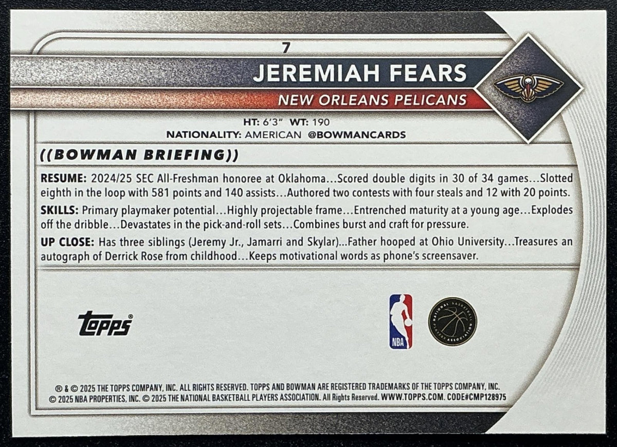 JEREMIAH FEARS 2025-26 BOWMAN #7 RC PELICANS