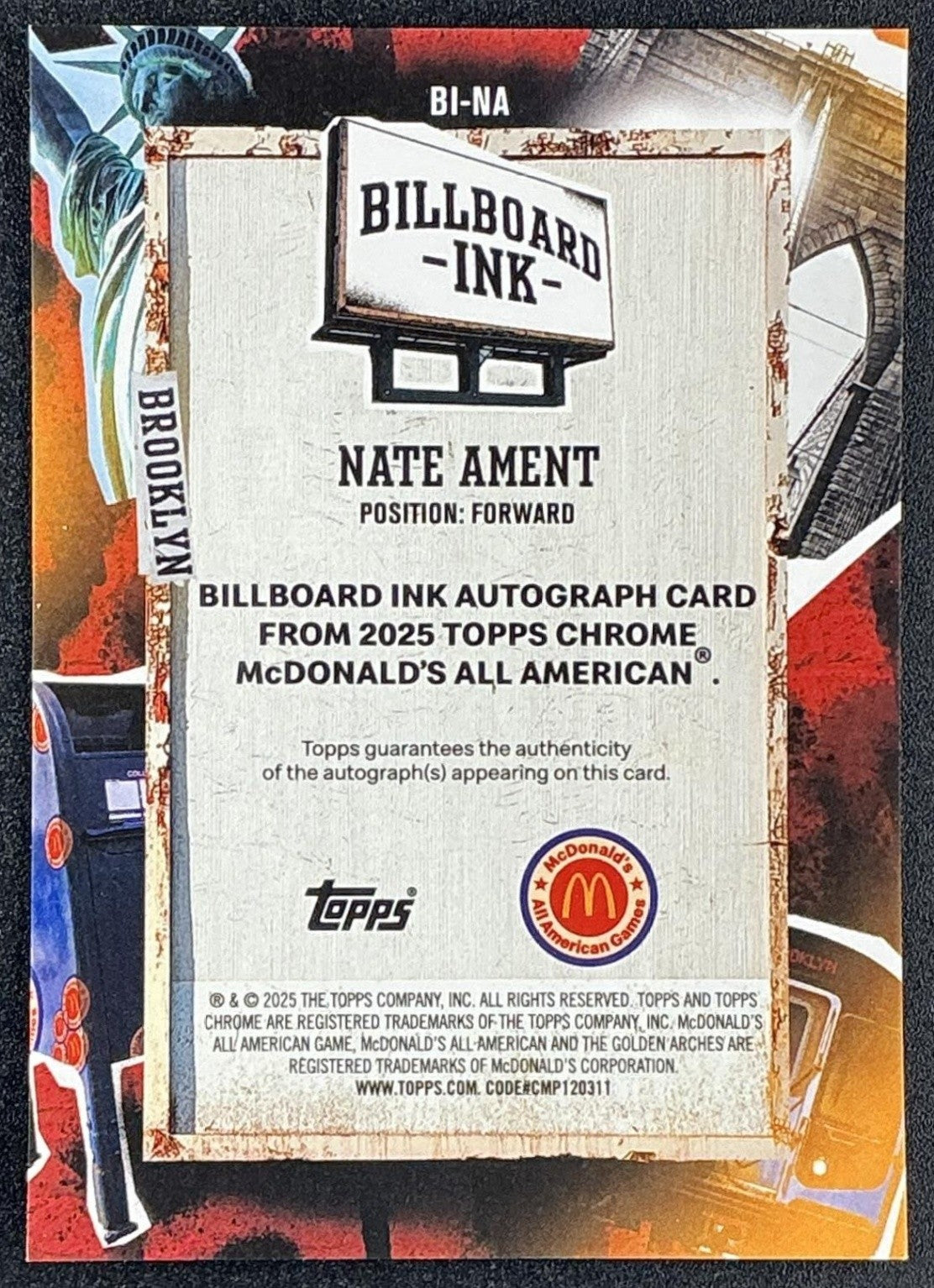 2025 Topps Chrome McDonald's Nate Ament Billboard Ink Auto Green Refractor /99