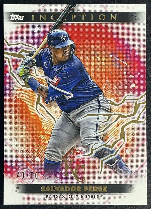 SALVADOR PEREZ 2024 TOPPS INCEPTION #70 GOLD ELECTRICITY 40/50 ROYALS