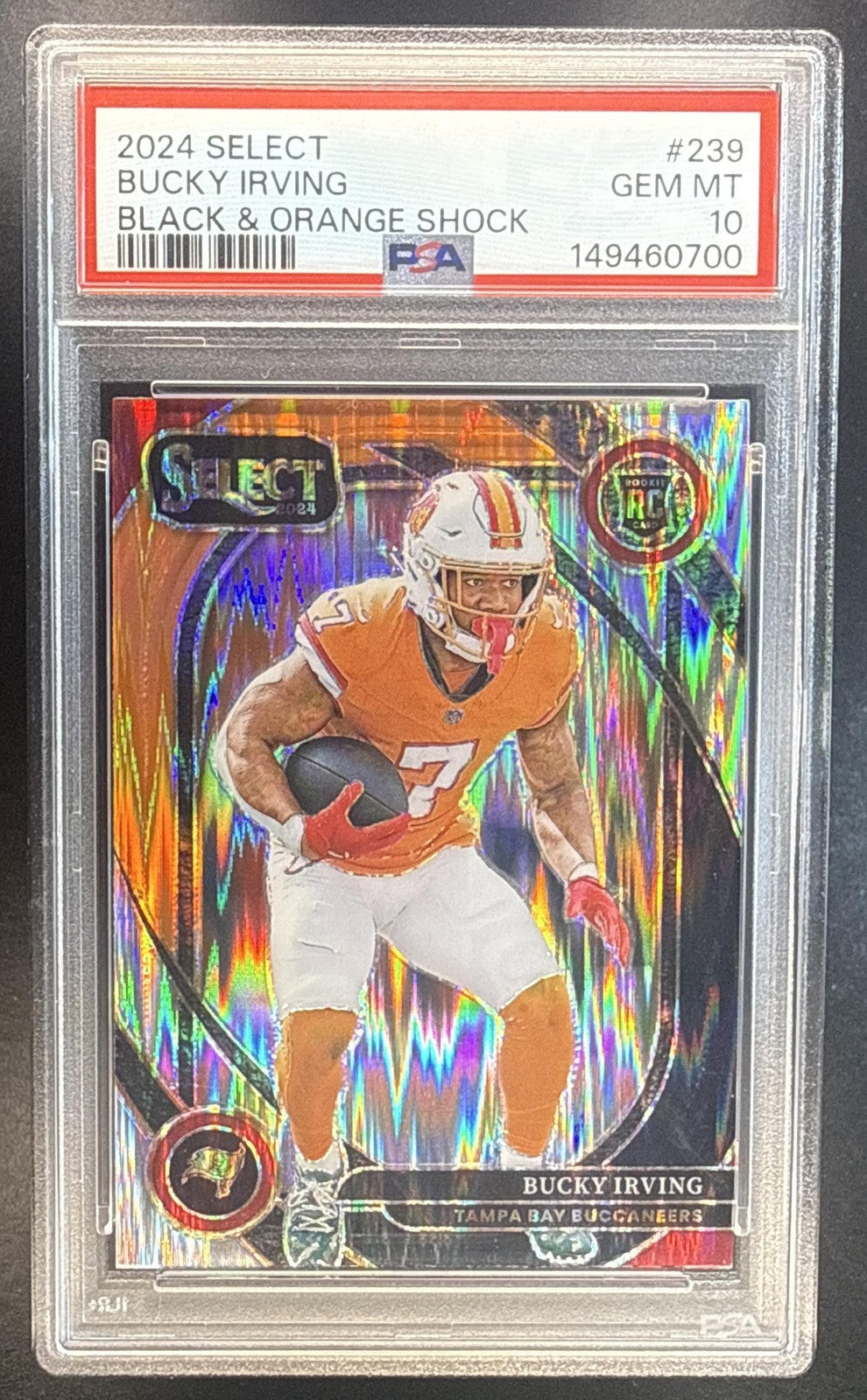 2024 Panini Select Bucky Irving #239 Club Black and Orange Prizm Shock RC PSA 10