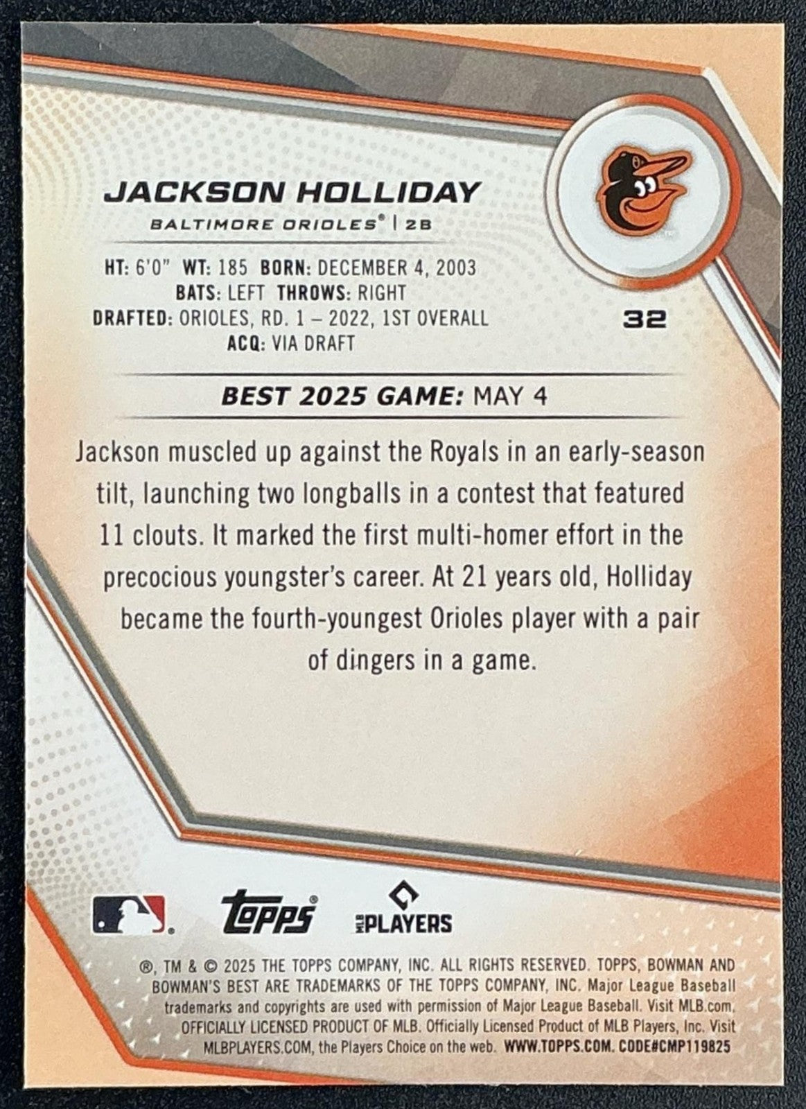 JACKSON HOLLIDAY 2025 BOWMAN'S BEST #32 ORIOLES
