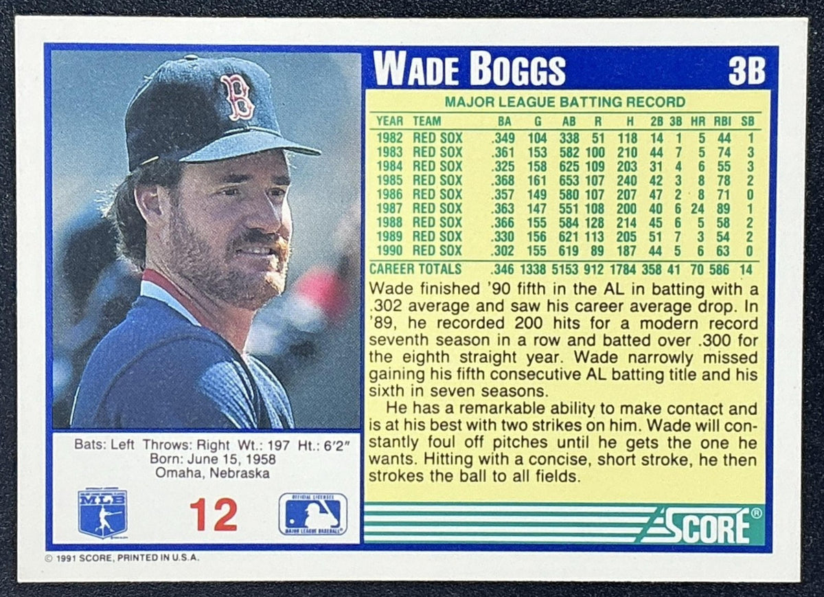 WADE BOGGS 1991 SCORE #12 RED SOX