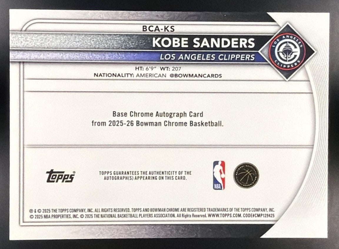 KOBE SANDERS 2025-26 BOWMAN #BCA-KS CHROME AUTO RC CLIPPERS