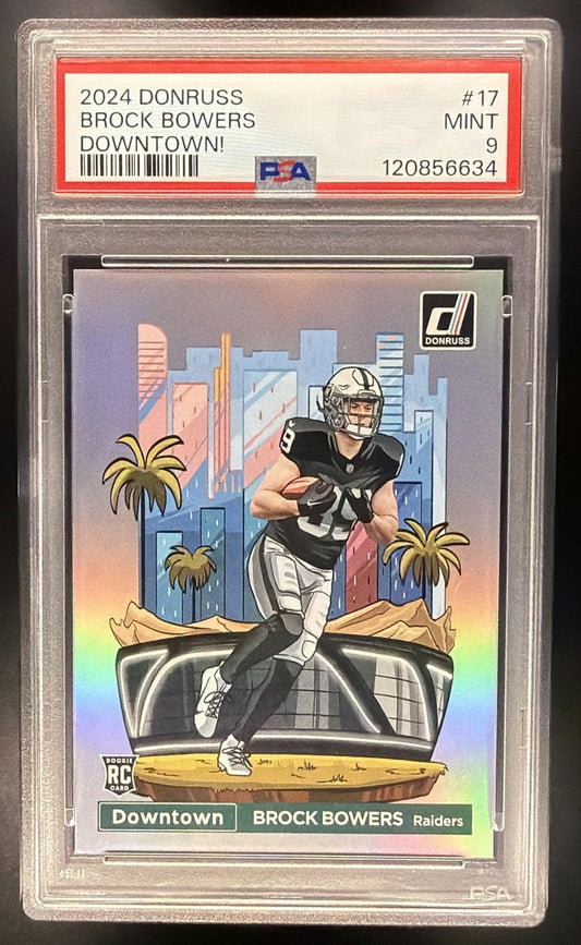 BROCK BOWERS 2024 PANINI DONRUSS #17 DOWNTOWN! SSP RC RAIDERS PSA 9