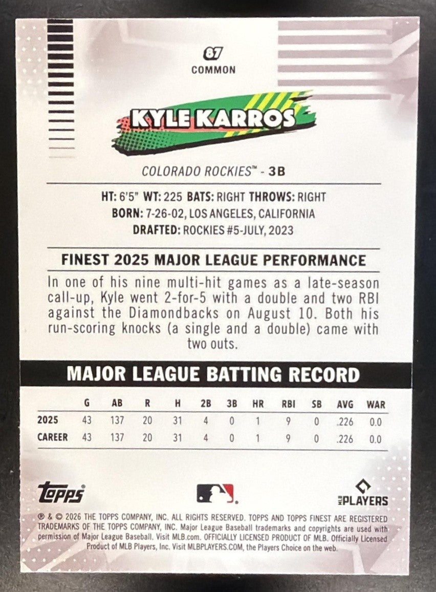 KYLE KARROS 2026 TOPPS FINEST #87 RC ROCKIES
