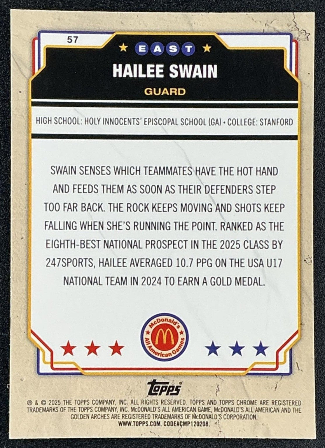 HAILEE SWAIN 2025 TOPPS CHROME MCDONALD'S ALL-AMERICAN #57 MCFLURRY REFRACTOR