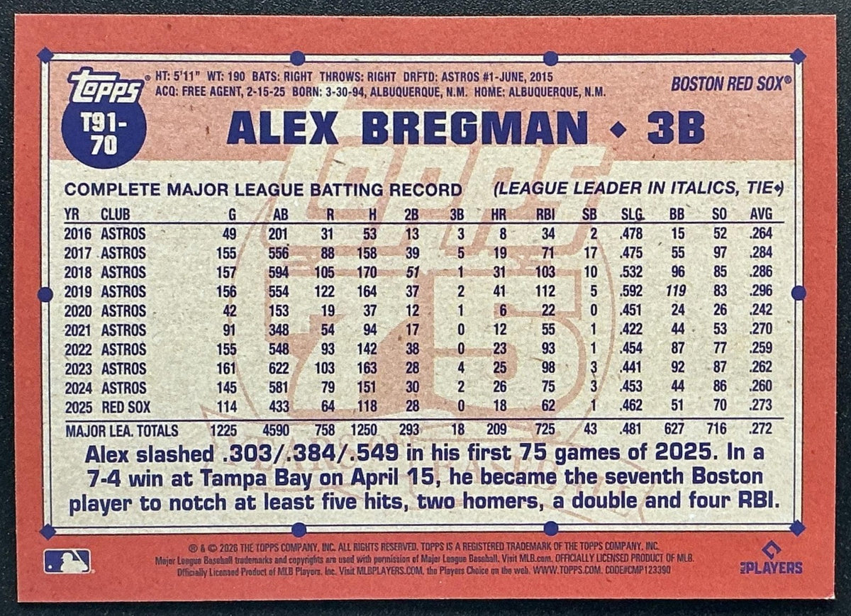 ALEX BREGMAN 2026 TOPPS SERIES 1 #T91-70 1991 CRACKLE FOIL RED SOX