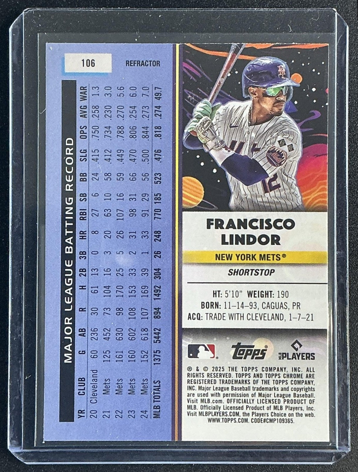 FRANCISCO LINDOR 2025 TOPPS COSMIC CHROME #106 REFRACTOR METS