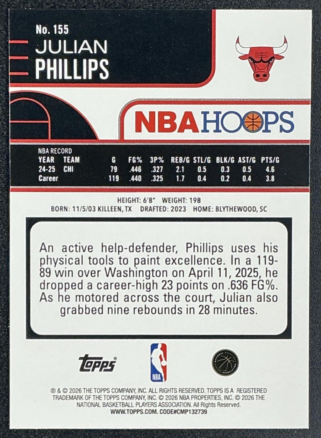 JULIAN PHILLIPS 2025-26 TOPPS HOOPS #155 LIGHT BURST BULLS