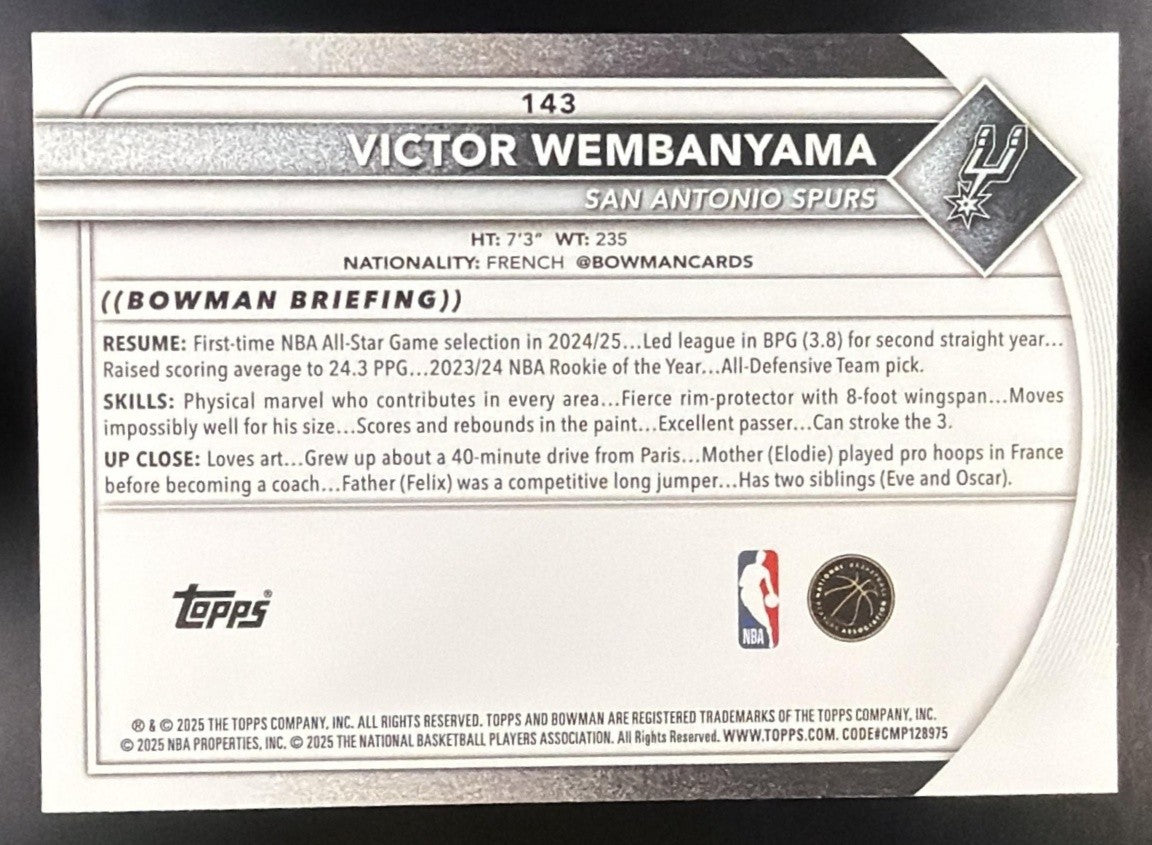 VICTOR WEMBANYAMA 2025-26 BOWMAN #143 SPURS