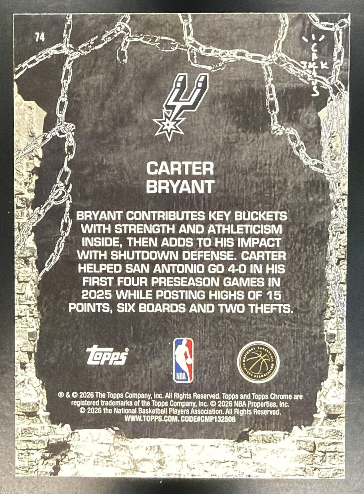 CARTER BRYANT 2025-26 TOPPS CHROME X CACTUS JACK #74 RC SPURS