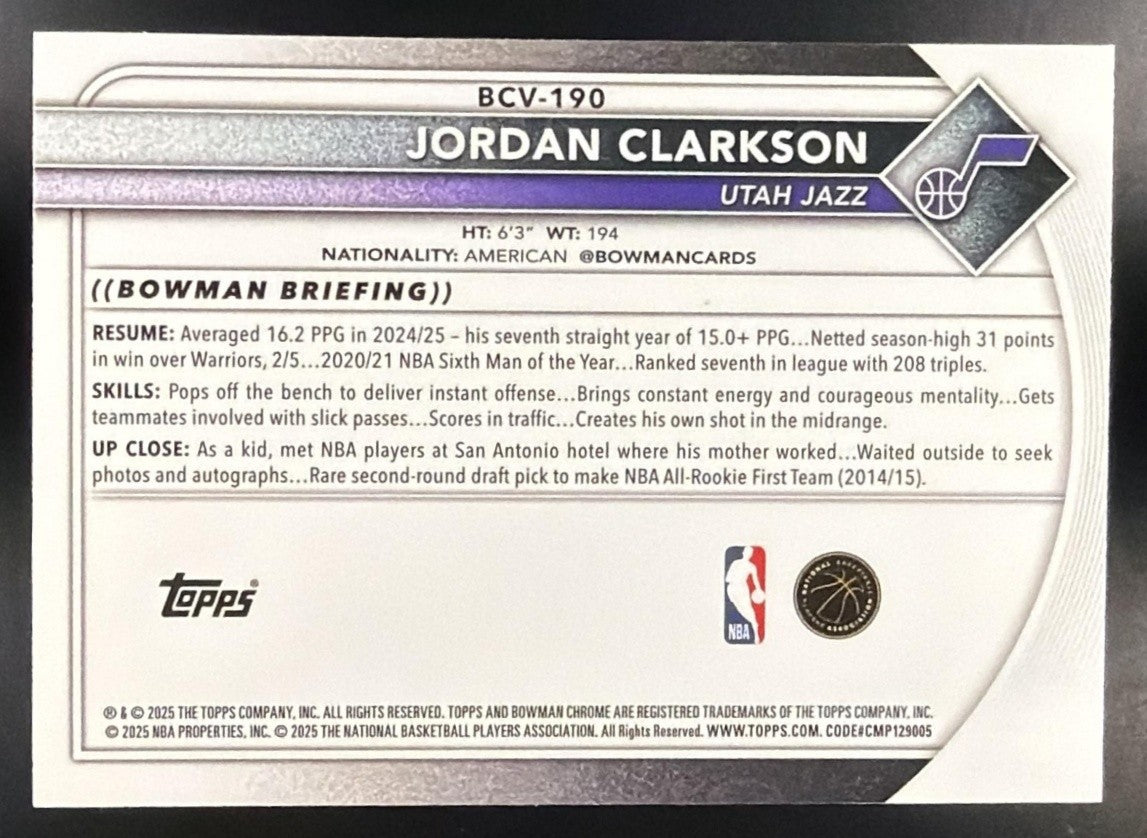 JORDAN CLARKSON 2025-26 BOWMAN #BCV-190 CHROME REPTILIAN REFRACTOR JAZZ