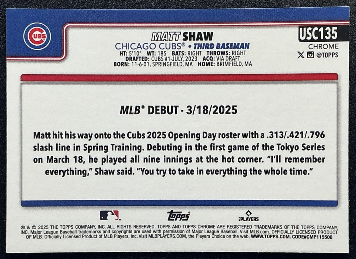 MATT SHAW 2025 TOPPS CHROME UPDATE #USC135 GEOMETRIC REFRACTOR RC CUBS