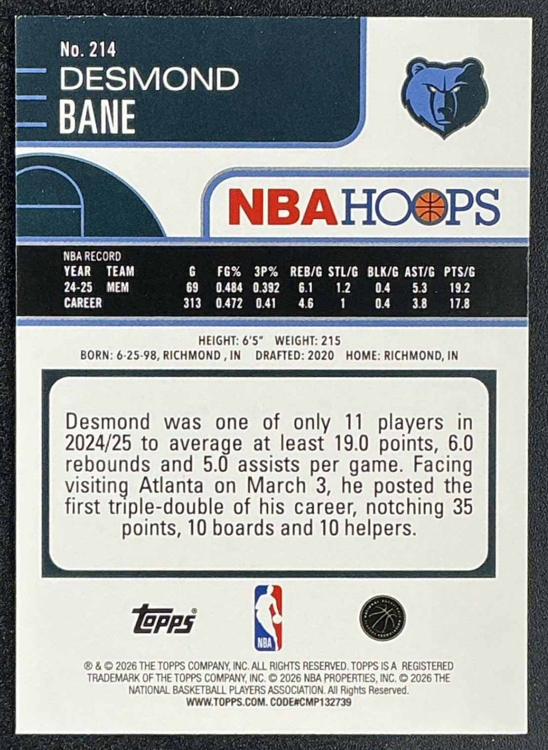 2025 Topps Hoops Desmond Bane #214 Rainbow Green and Blue Foil /249