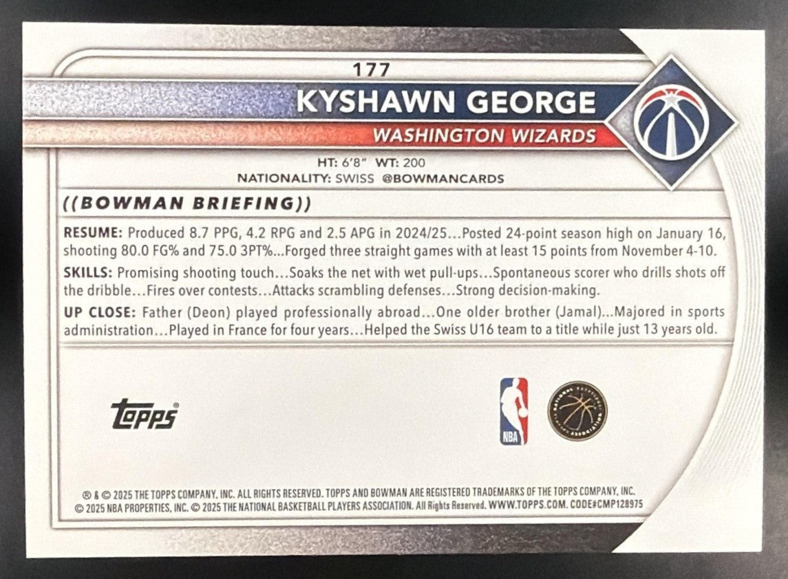 KYSHAWN GEORGE 2025-26 BOWMAN #177 BLUE BORDER 143/150 WIZARDS