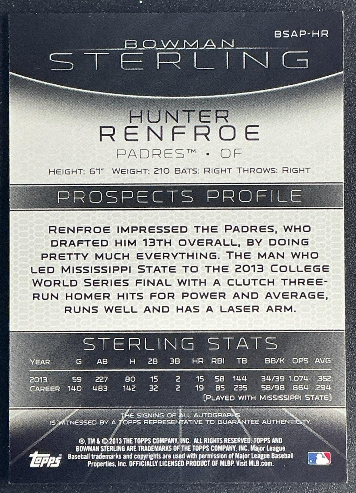HUNTER RENFROE 2013 BOWMAN STERLING #BSAP-HR PROSPECT AUTO PADRES