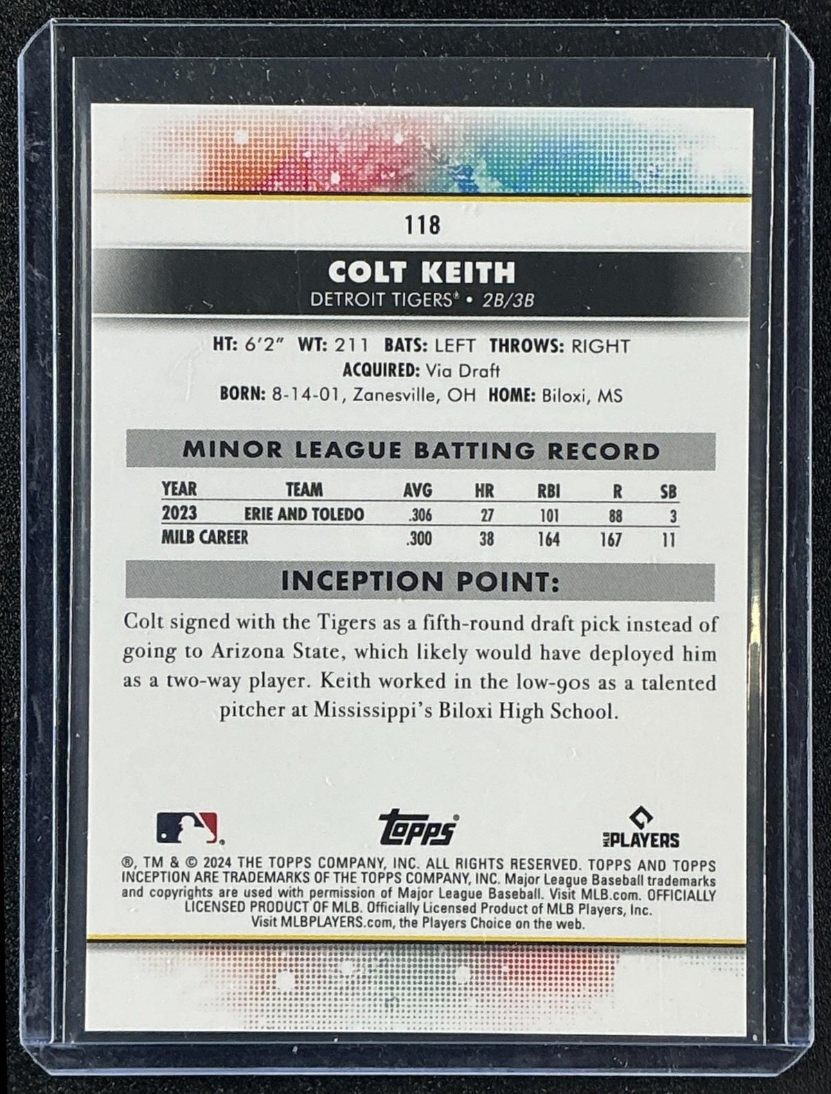 COLT KEITH 2024 TOPPS INCEPTION #118 SHORT PRINTS RC TIGERS