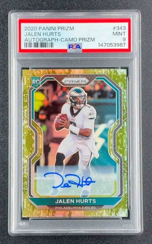 JALEN HURTS 2020 PANINI PRIZM ROOKIE AUTO CAMO /25 RC EAGLES SSP PSA 9