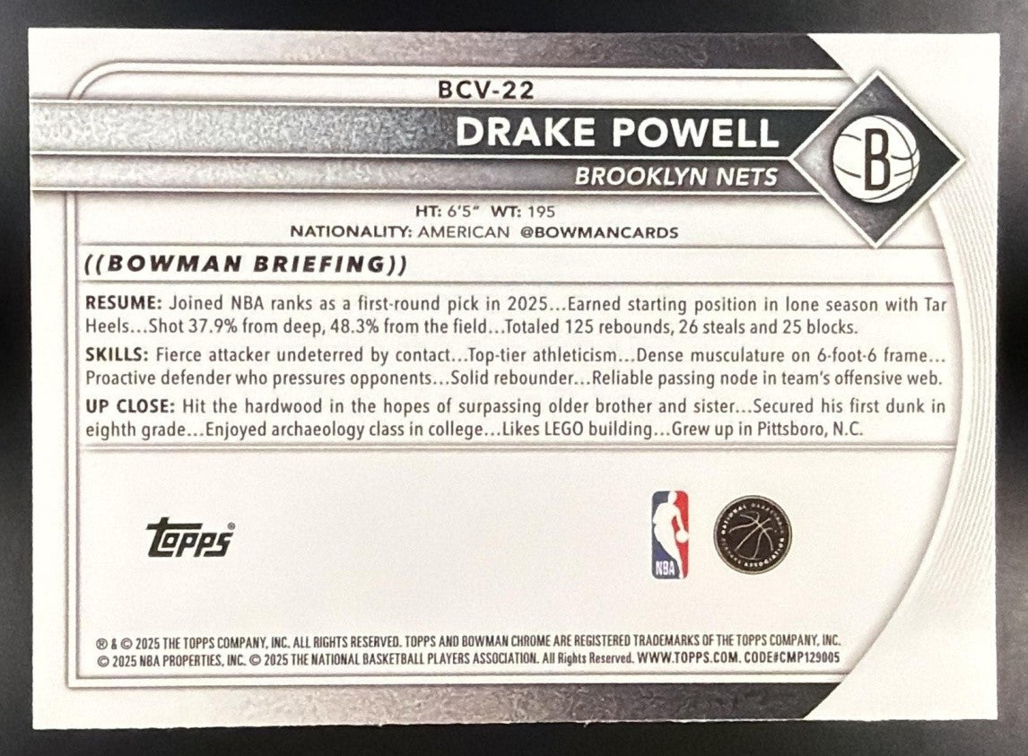 DRAKE POWELL 2025-26 BOWMAN #BCV-22 CHROME MINI DIAMOND REFRACTOR RC NETS