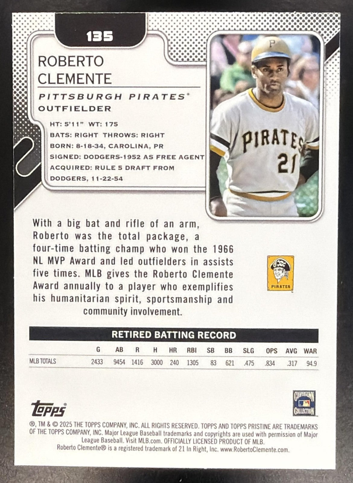 ROBERTO CLEMENTE 2025 TOPPS PRISTINE #135 PIRATES