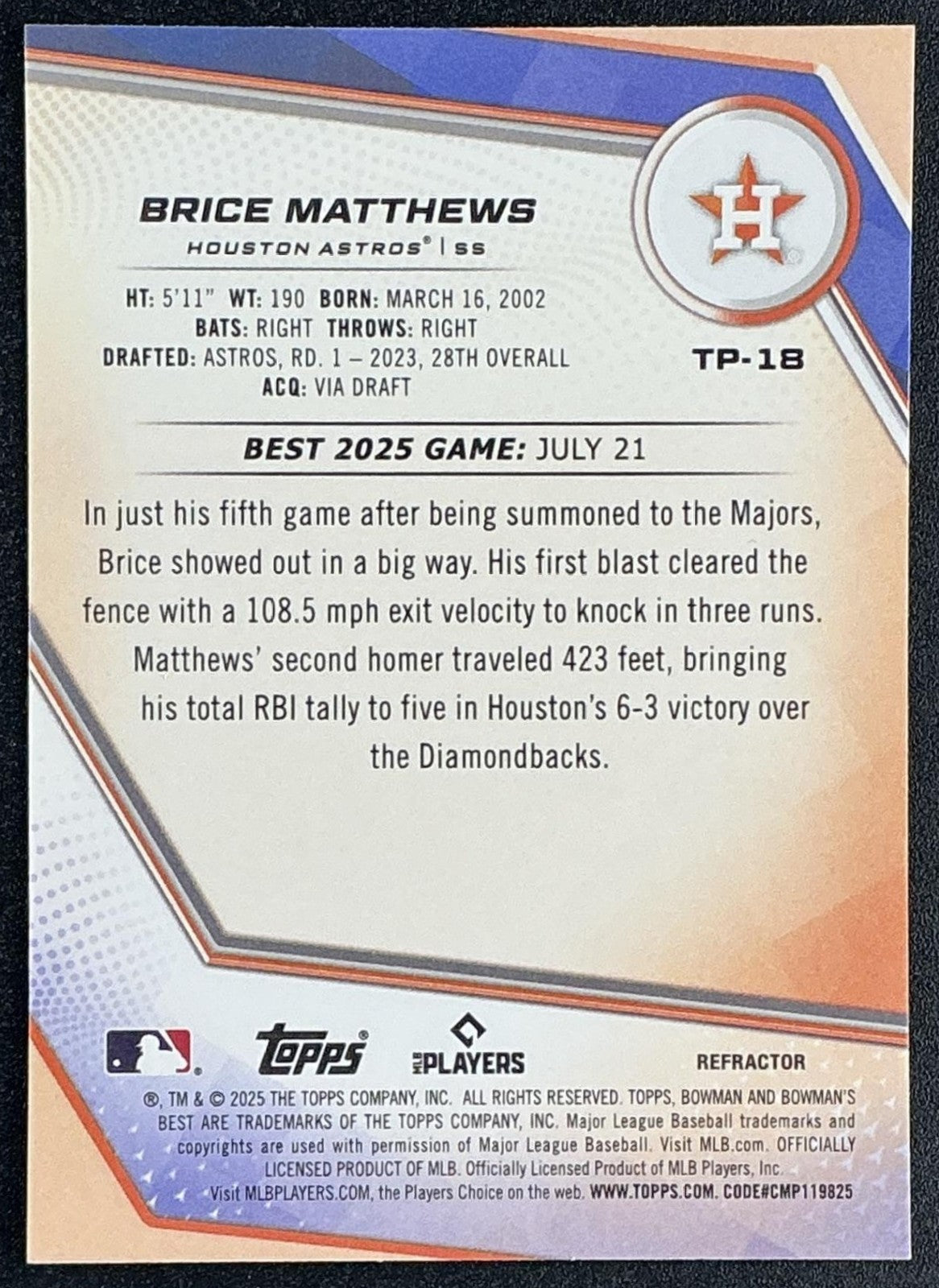 BRICE MATTHEWS 2025 BOWMAN'S BEST #TP-18 TOP PROSPECTS REFRACTOR ASTROS