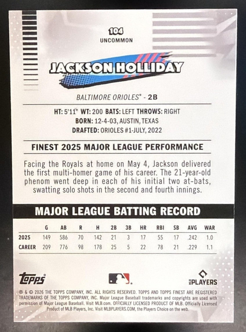JACKSON HOLLIDAY 2026 TOPPS FINEST #104 UNCOMMON ORIOLES