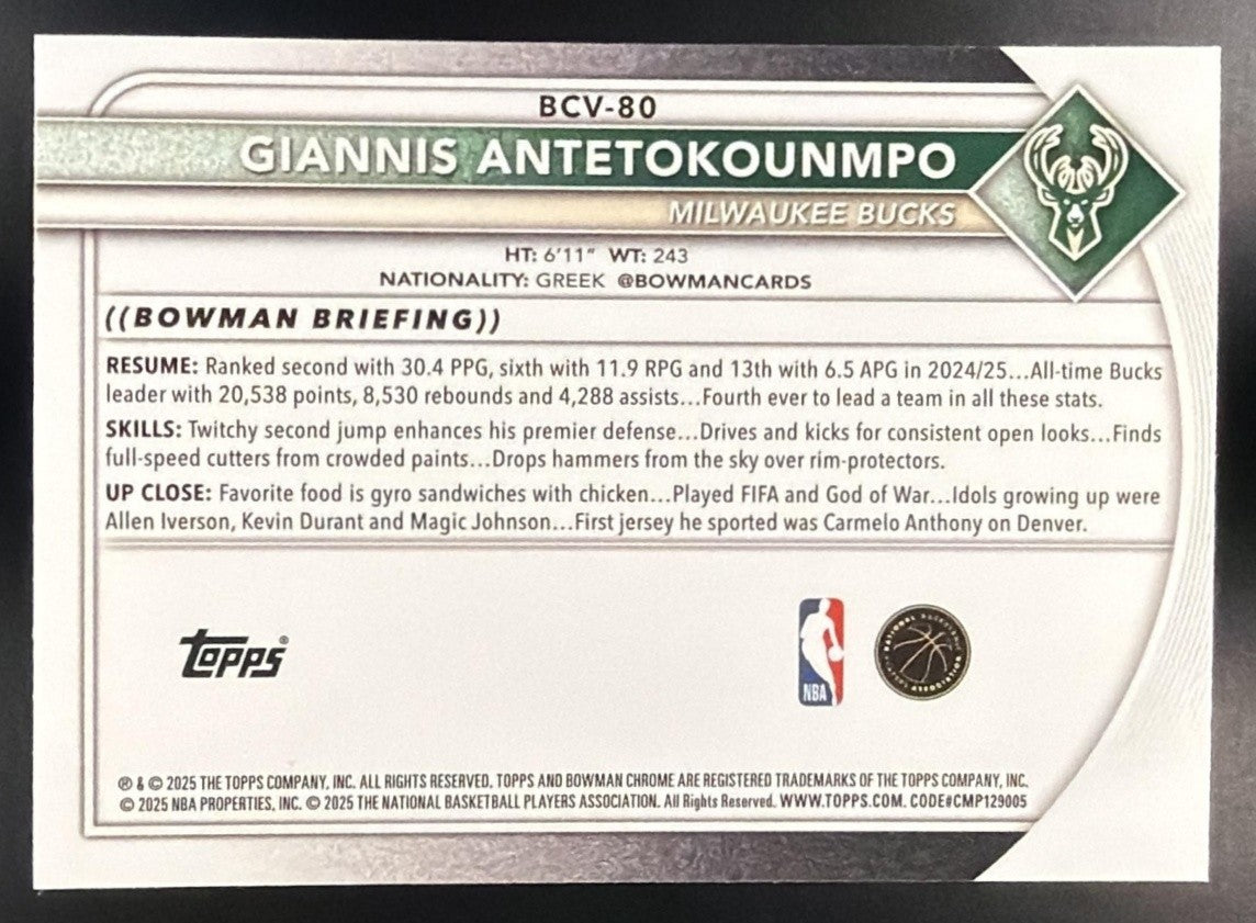 GIANNIS ANTETOKOUNMPO 2025-26 BOWMAN #BCV-80 CHROME REPTILIAN REFRACTOR BUCKS