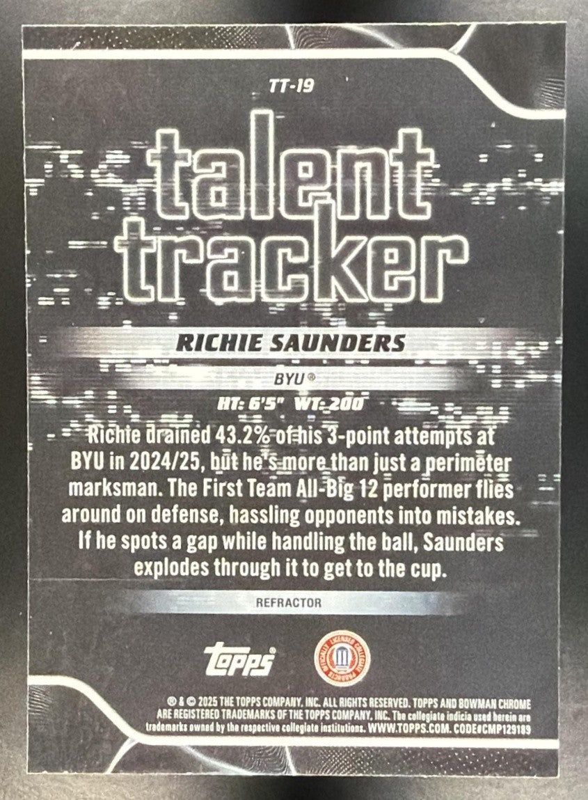 RICHIE SAUNDERS 2025-26 BOWMAN #TT-19 TALENT TRACKER CHROME REFRACTOR COUGARS