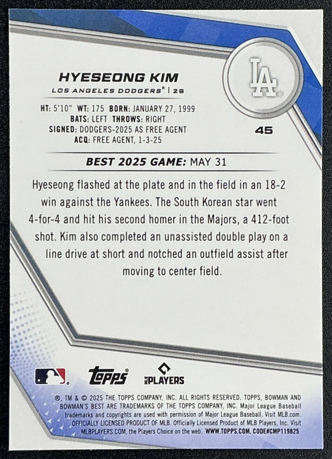 HYESEONG KIM 2025 BOWMAN'S BEST #45 RC DODGERS