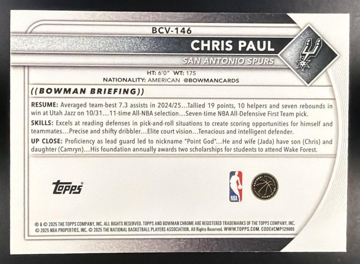 CHRIS PAUL 2025-26 BOWMAN #BCV-146 CHROME REPTILIAN REFRACTOR SPURS