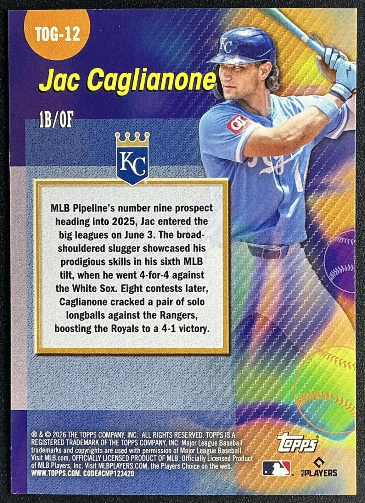 JAC CAGLIANONE 2026 TOPPS SERIES 1 #TOG-12 TITANS OF THE GAME RC ROYALS