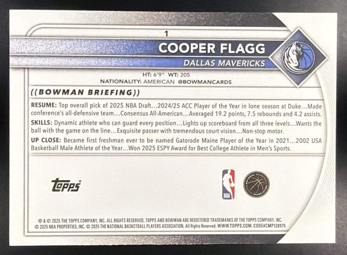 COOPER FLAGG 2025-26 BOWMAN #1 RC MAVERICKS