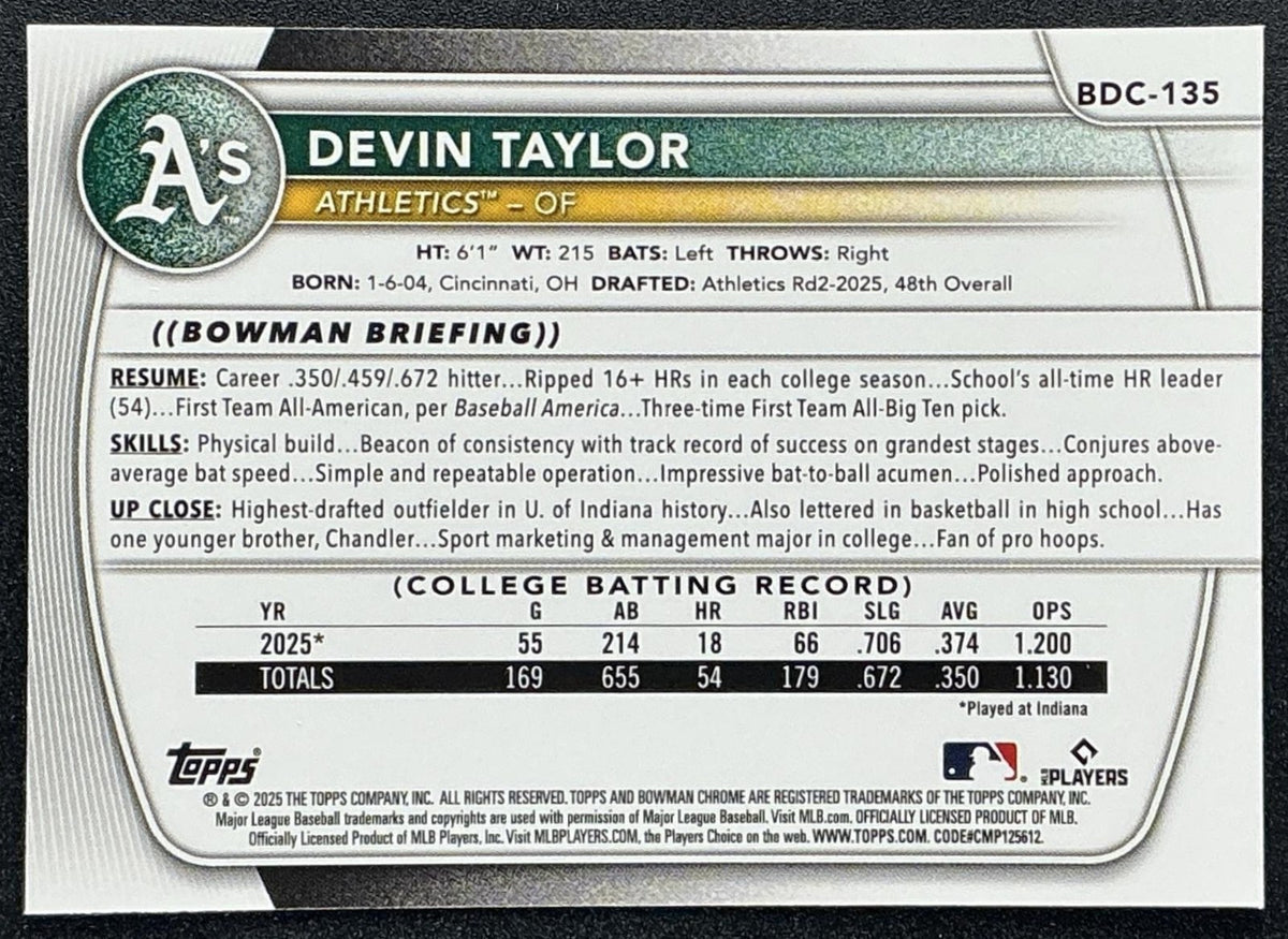 DEVIN TAYLOR 2025 BOWMAN DRAFT #BDC-135 CHROME 1ST PROSPECT ATHLETICS