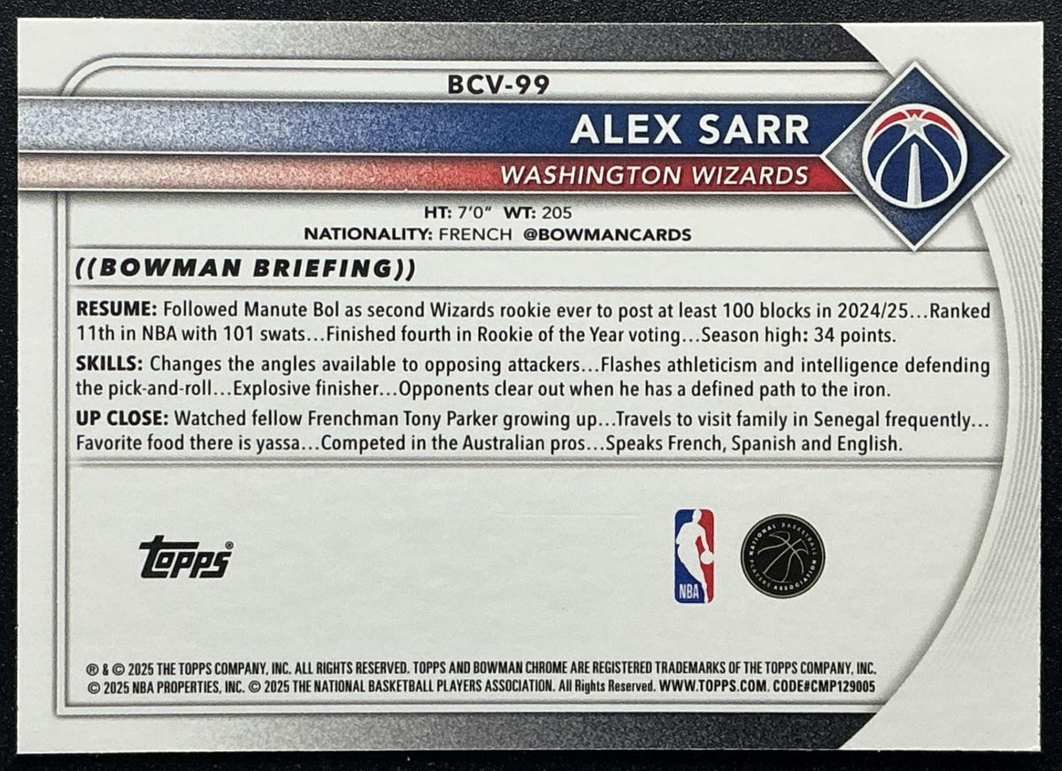 ALEX SARR 2025-26 BOWMAN #BCV-99 CHROME FLOORBOARD REFRACTOR 91/125 WIZARDS