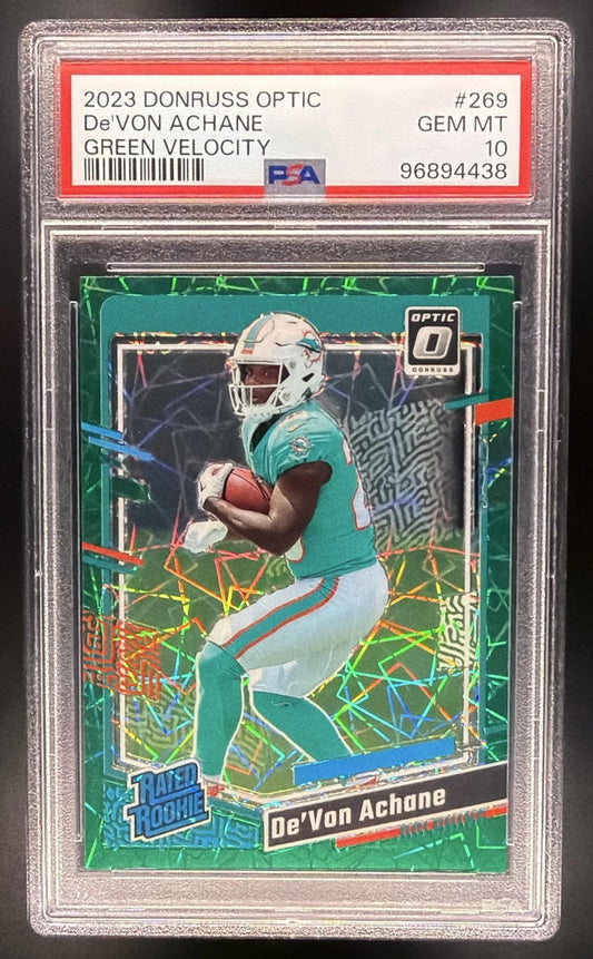 2023 Donruss Optic De'Von Achane Green Velocity Prizm RC Rated Rookie PSA 10