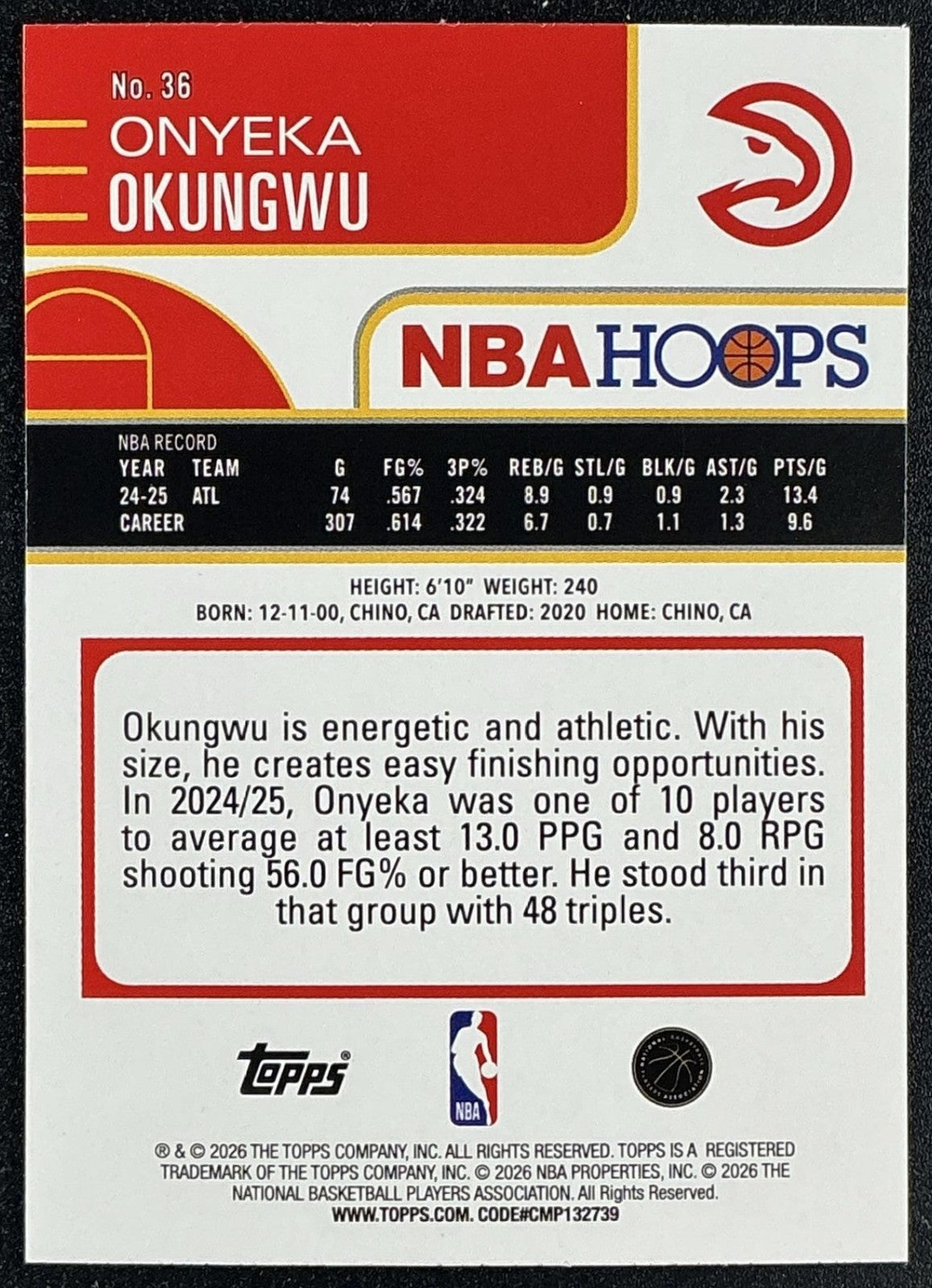 ONYEKA OKUNGWU 2025-26 TOPPS HOOPS #36 RAINBOW FOIL HAWKS