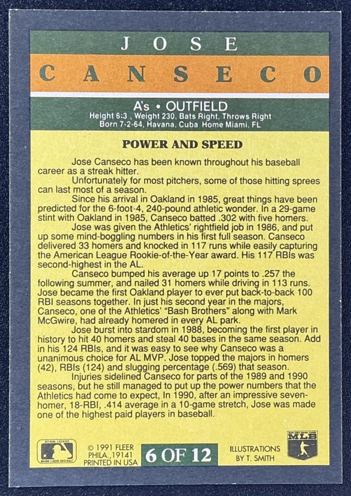 JOSE CANSECO 1991 FLEER #6 PRO VISIONS BLACK ATHLETICS