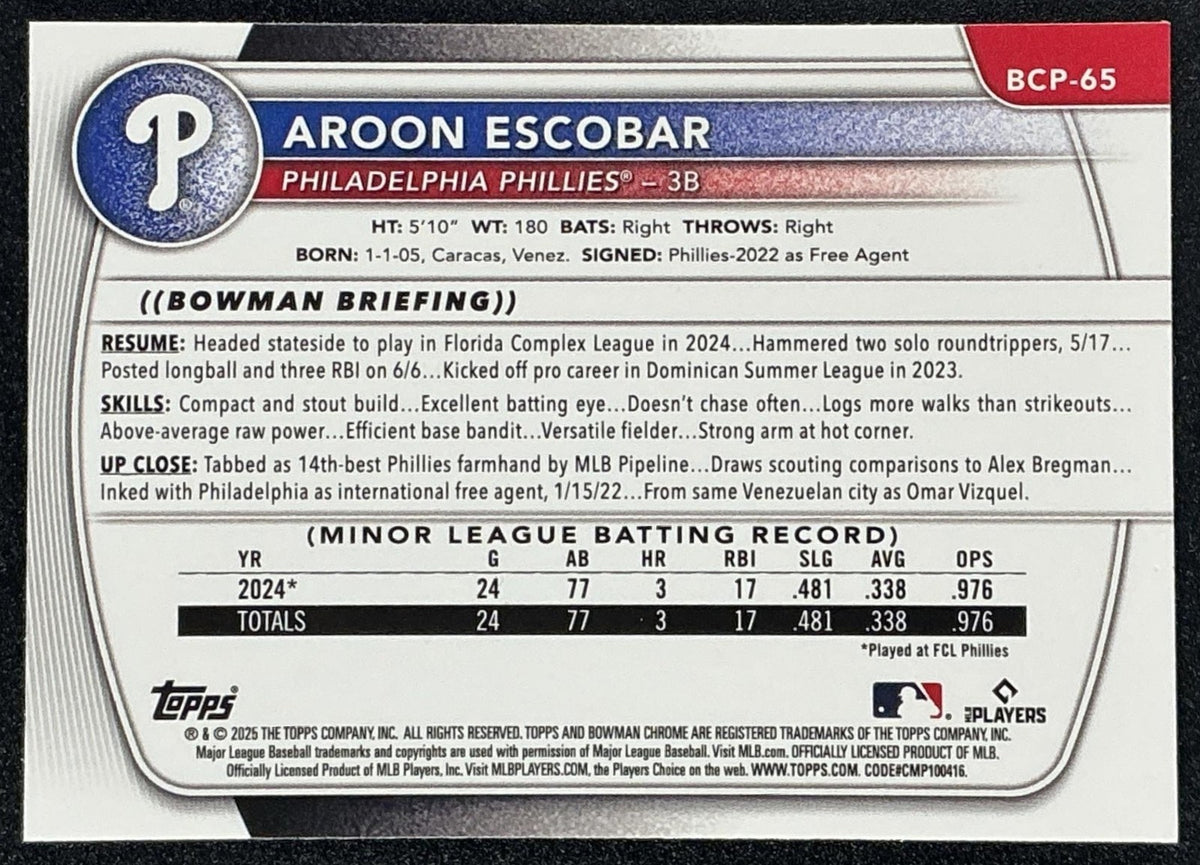 AROON ESCOBAR 2025 BOWMAN #BCP-65 CHROME 1ST PROSPECT PHILLIES
