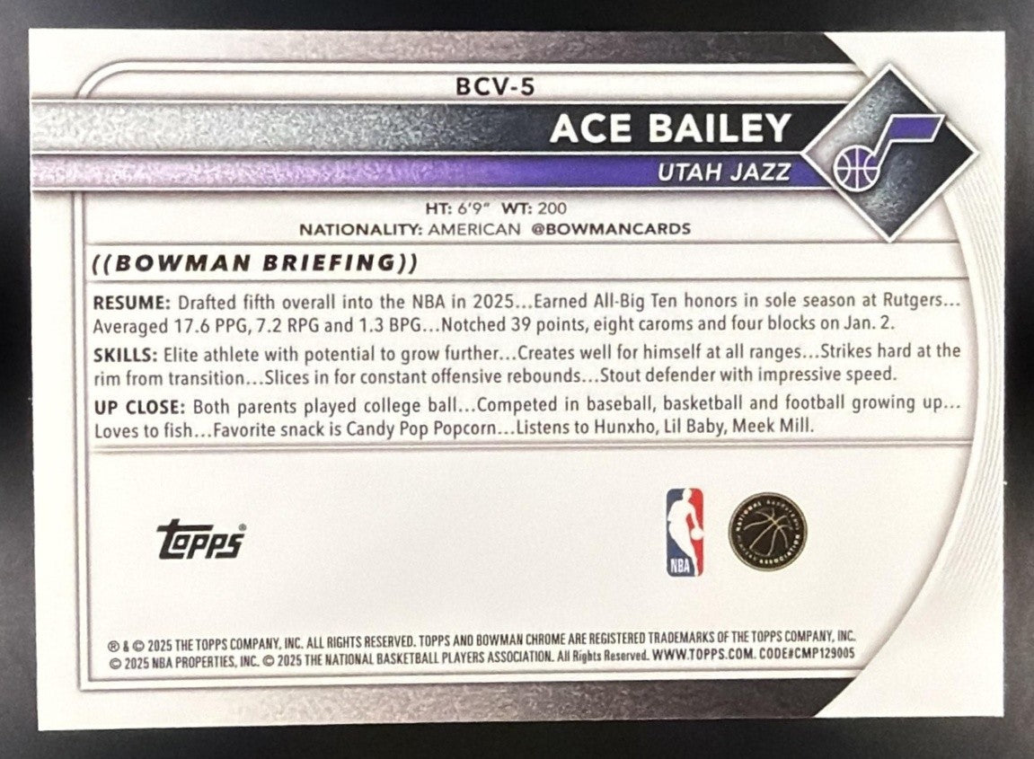ACE BAILEY 2025-26 BOWMAN #BCV-5 CHROME REPTILIAN REFRACTOR RC JAZZ