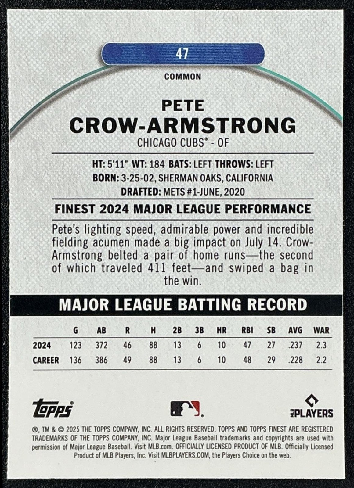 PETE CROW-ARMSTRONG 2025 TOPPS FINEST #47 COMMON CUBS