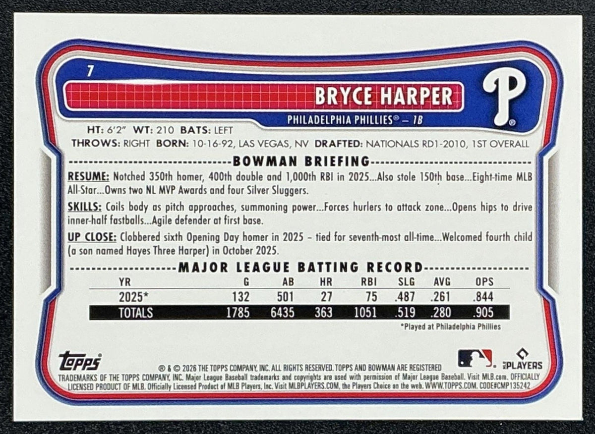 BRYCE HARPER 2026 BOWMAN #7 BLUE PATTERN 141/150 PHILLIES